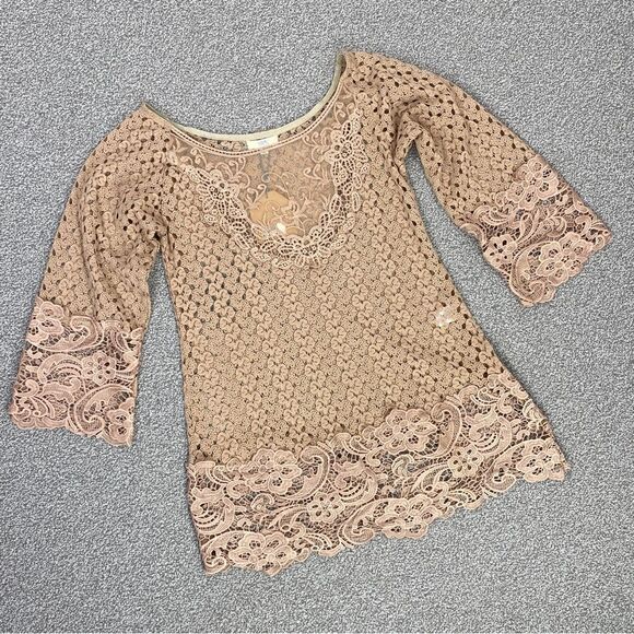 Kori Boho Cottagecore Crochet‎ Lace Hems Bell Sleeve Tunic Top Mocha Tan Small - Picture 14 of 14